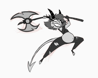anthro axe belly bottomwear clothing evil_grin female hair holding_axe holding_object holding_weapon horn looking_at_viewer navel pants pregnant pregnant_anthro pregnant_female shirt smile smiling_at_viewer solo spade_tail tail teeth topwear torn_bottomwear torn_clothing torn_pants weapon convexpert hellaverse helluva_boss millie_(helluva_boss) imp 2026 hi_res