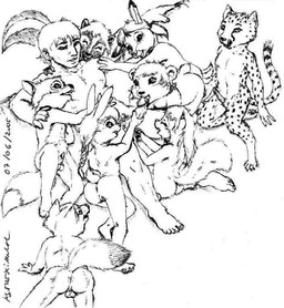 animal_genitalia anthro anus balls clitoris erection female genitals group harem human_on_anthro humanoid_genitalia humanoid_penis interspecies loli male nipples nude penis penis_tip sheath shota tongue tongue_out vulva young young_anthro young_female young_male asthexiancal bear canid canine cheetah felid feline fox human lagomorph leporid mammal mephitid rabbit skunk 2005 black_and_white monochrome