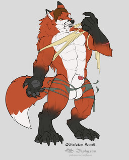 4_toes 5_fingers abs after_transformation angry animal_genitalia animal_penis anthro arm_scar arm_tuft balls bared_teeth barefoot biceps big_balls big_chest big_muscles big_sheath biped black_body black_claws black_fur black_markings black_nose bottomwear broad_shoulders brown_hair calf_muscles canine_genitalia canine_penis cheek_tuft claws clothing clothing_scraps countershade_fur countershade_snout countershade_torso countershading destroyed_clothing digitigrade dipstick_ears dipstick_tail ear_markings ears_back elbow_tuft facial_markings facial_tuft feet fingers fluffy fluffy_tail forearm_muscles forearm_scar fur fur_hair genitals gloves_(marking) grey_background grey_pawpads hair head_markings implied_growth implied_transformation inner_ear_fluff leg_markings logo male mane markings mostly_nude multicolored_body multicolored_ears multicolored_fur muscular muscular_anthro muscular_male navel neck_tuft orange_body orange_fur pawpads paws pecs penis penis_tip pink_penis pivoted_ears quads scar sharp_teeth sheath shirt simple_background snout snout_markings socks_(marking) solo standing stocky tail tail_markings tearing_bottomwear tearing_clothing tearing_own_clothing tearing_shirt tearing_topwear teeth text thick_limbs tight_bottomwear tight_clothing tight_shirt tight_topwear toe_claws toes topwear torn_bottomwear torn_clothing tuft whisker_spots white_body white_fur yellow_eyes zephyxus spelv_brylee steviemaxwell canid canine fox mammal red_fox true_fox werecanid werecanine werecreature werefox 2025 artist_logo artist_name flat_colors url