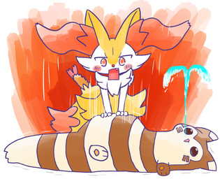 ambiguous_anthro ambiguous_feral ambiguous_gender anthro belly big_belly biped blush blush_stickers cute_fangs dipstick_tail duo fangs feral food front_view lying markings object_in_tail on_back open_:3 open_mouth quadruped shrimp_(food) side_view simple_background simple_eyes standing tail tail_markings teeth water water_from_mouth annyui0611 nintendo pokemon braixen canid furret generation_2_pokemon generation_6_pokemon mammal pokemon_(species) 2024 absurd_res digital_drawing_(artwork) digital_media_(artwork) hi_res japanese_description translated_description