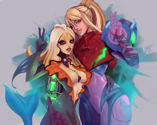 arm_cannon armor crossover_ship curvy_figure duo female female/female gesture hair hand_gesture hourglass_figure interspecies machine power_armor ranged_weapon size_difference small_waist split_form thick_thighs v_sign varia_suit weapon wide_hips octinalu league_of_legends metroid metroid_dread nintendo riot_games tencent nami_(lol) samus_aran aquatic human humanoid mammal merfolk 5:4 crossover hi_res