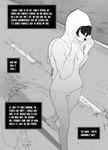 2019 after_transformation anthro backpack black_hair bottomwear breasts canid clothing comic corablue dialogue digital_media_(artwork) english_text female footwear grass hair hi_res hoodie mammal monochrome open_mouth pants plant road shoes solo text topwear