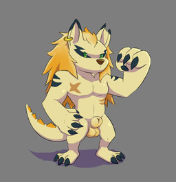 animal_genitalia anthro balls blonde_hair claws ear_piercing ear_ring ear_scar flexing genitals green_eyes hair long_hair male muscular piercing ring_piercing scar sheath solo spiked_tail spikes spikes_(anatomy) tail wattacat the_lonesome_guild sapallan_(the_lonesome_guild) canid mammal scalemoyed hi_res