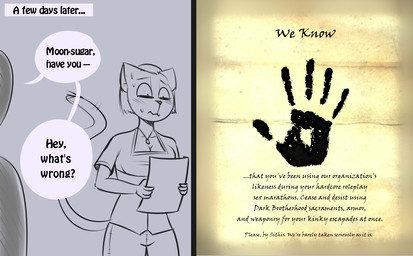 anthro bodily_fluids clothed clothing dialogue duo female hand_print human_on_anthro interspecies male male/female nervous note paper question_mark silhouette speech_bubble sweat text hashdrawingslasher microsoft the_elder_scrolls the_dark_brotherhood_(the_elder_scrolls) felid feline human khajiit mammal 2021 comic english_text sketch