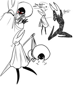 ambiguous_gender anthro arms_tied arthropod_webbing bandage bdsm black_body blush bodily_fluids bound cape cloak clothed clothing dialogue exoskeleton female female/female horn kneeling lifting_another mask simple_background sweat sweatdrop text weapon web_bondage white_background boopie hollow_knight:_silksong hollow_knight_(franchise) team_cherry hornet_(hollow_knight) lace_(hollow_knight:_silksong) the_knight_(hollow_knight) arthropod insect vessel_(species) absurd_res english_text hi_res sibling_(lore)
