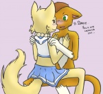 abbey_(bcb) anthro bittersweet_candy_bowl blush bottomwear clothed clothing daisy_(bcb) domestic_cat duo eye_contact felid feline felis female looking_at_another male male/female mammal nude ohmy radial_(artist) romantic romantic_couple shirt simple_background skirt smile spread_legs spreading tail topwear