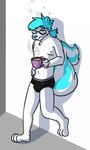 against_surface against_wall anthro barefoot beverage black_briefs black_clothing black_underwear blue_body blue_fur blue_hair blue_nose briefs briefs_only bulge clothed clothing coffee coffee_cup colored_seam_underwear container cup eyewear feet fur glasses grey_seam_briefs grey_seam_underwear hair holding_coffee_cup holding_container holding_cup holding_object male one_eye_closed purple_eyes solo steam tired topless underwear underwear_only white_body white_fur capra_kid hanes mammal mephitid skunk 2016 3:5 archived_source