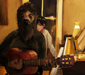 acoustic_guitar anthro big_breasts black_clothing black_hair breasts clothed clothed_anthro clothing detailed_background duo eyebrows female fingers fur fur_tuft furniture guitar hair hair_bun inside interspecies keyboard_instrument lamp larger_anthro larger_female looking_at_viewer male male/female musical_instrument nightmare_fuel open_mouth piano playing_guitar playing_music plucked_string_instrument shirt shy sitting size_difference smaller_human smaller_male smile string_instrument teeth topwear tuft upright_piano warm_lighting white_body white_clothing white_shirt white_skin white_topwear window young young_human young_male anon2000000 canid canine canis domestic_dog human mammal digital_media_(artwork) digital_painting_(artwork) hi_res painting_(artwork) warm_colors