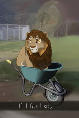 dirt ears_up feral glass grass male mane nature plant shadow solo text toony_eyes tree wheelbarrow alcosaurusrex felid lion mammal pantherine absurd_res hi_res shaded