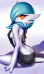 blue_hair breasts butt butt_cleavage clothed clothing female hair kneeling looking_at_viewer looking_back not_furry red_eyes shadow side_boob simple_background solo sweater topwear virgin_killer_sweater rilex_lenov meme_clothing nintendo pokemon linna_(rilex_lenov) gardevoir generation_3_pokemon mammal pokemon_(species) shiny_pokemon 2017 digital_media_(artwork) hi_res meme