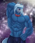 abs anthro biceps big_muscles biped blue_body blue_hair bottomwear bow_tie bulge clothed clothing hair half-closed_eyes hand_behind_head lidded_eyes long_hair looking_at_viewer male muscular muscular_anthro muscular_male narrowed_eyes navel pecs purple_nose red_bow_tie smile solo topless topless_anthro topless_male chibikoma animaniacs mythology warner_brothers wilford_wolf canid canine canis mammal mythological_canine mythological_creature werecanid werecanine werecreature werewolf wolf 2023 digital_drawing_(artwork) digital_media_(artwork) half-length_portrait hi_res portrait