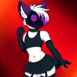 anthro dress_gloves femboy fur highlights_(coloring) machine male navel purple_ear purple_highlights red_background simple_background solo white_body white_fur micromango canid canine fox mammal protogen 1:1 hi_res signature