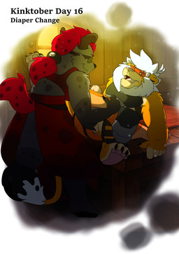 anthro armor blush diaper diaper_change duo embarrased_horny embarrassed erection female furniture genitals lying male male/female penis table leoniro_the_inklion hyena inklion mammal absurd_res hi_res