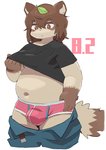 anthro belly bottomwear brown_body brown_fur bulge clothing fur kemono leaf male navel overweight overweight_anthro overweight_male pants shirt solo text topwear underwear si_ra_ta_ma3 canid canine mammal raccoon_dog tanuki 2020