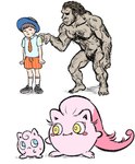 ancient_pokemon anthro archaic_human body_hair bottomwear brown_hair chest_hair clothing creeped_out generation_1_pokemon generation_9_pokemon group hair hat headgear headwear hi_res hominin human humanoid humor jigglypuff jphattaosuzo male mammal muscular neanderthal nintendo paradox_pokemon pecs pokemon pokemon_(species) primate scream_tail shorts