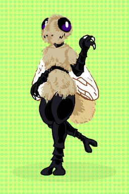 anthro arthropod_abdomen black_body breasts claws compound_eyes female insect_wings multicolored_body pattern_background raised_arm simple_background small_breasts solo tan_body two_tone_body walking wings arthropod botfly fly_(animal) insect digital_drawing_(artwork) digital_media_(artwork)