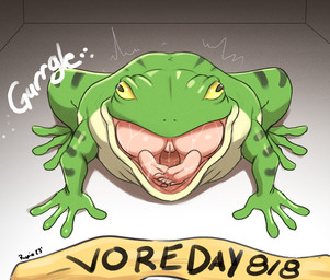 4_toes 5_toes ambiguous_gender ambiguous_pred bodily_fluids butt duo feet female female_prey feral feral_pred genital_fluids genitals green_body human_prey imminent_death inside multicolored_body oral_vore pink_vulva text toes vaginal_fluids vore vulva willing_prey yellow_eyes rupie_(artist) vore_day amphibian frog human mammal 2023 english_text shaded
