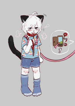 4_toes 5_fingers anthro aroused black_ears black_tail blue_bottomwear blue_clothing blue_footwear blue_legwear blue_shirt blue_shorts blue_socks blue_topwear blush blush_lines bottomwear breath cat_tail chain chain_leash circle_eyebrows clothed clothing collar cute_fangs dipstick_ears directional_arrow door ear_markings eyebrow_through_hair eyebrows fangs feet fingers footwear fur grey_background grey_eyes hair harness holding_leash holding_object humiliation humiliation_fetish leash leashed_collar legwear looking_at_viewer loose_shirt male multicolored_ears open_door open_mouth outside panting pink_harness pink_nose print_clothing print_shirt print_topwear raised_tail red_collar shirt shoeless shorts simple_background socks solo speech_bubble submissive tail teeth toes tongue tongue_out topwear translucent translucent_hair white_body white_fur white_hair white_inner_ear young young_anthro young_male teien domestic_cat felid feline felis mammal absurd_res hi_res