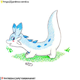 3_toes blue_body blue_eyes blue_fur blush feet female feral fur grass looking_back open_mouth patreon_artist patreon_username paws plant raised_tail shy solo tail text toes yordraw mythology palworld pocketpair chillet dragon mythological_creature mythological_scalie pal_(species) scalie 1:1 hi_res painting_(artwork) traditional_media_(artwork) traditional_painting_(artwork) url