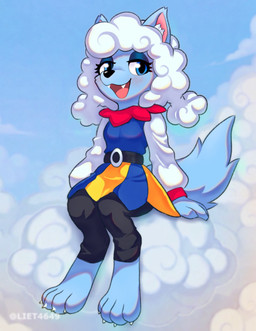 4_toes alternate_species anthro barefoot blush blush_lines claws clothing cloud digitigrade fangs feet female looking_at_viewer paws sitting sky smile smiling_at_viewer solo teeth toe_claws toes liet4649 deltarune undertale_(series) elnina_(deltarune) canid canine canis elemental_creature mammal wolf digital_drawing_(artwork) digital_media_(artwork) hi_res signature