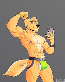 5_fingers abs anthro biceps black_claws bulge cellphone claws clock clothed clothing electronics fingers flexing fur green_eyes grin humanoid_hands jockstrap looking_at_viewer male muscular muscular_anthro muscular_male nipples pecs phone pink_nipples selfie simple_background smartphone smile solo standing topless underwear underwear_only watch wristband wristwatch yellow_body yellow_fur howeed nike chase_(retriever) bird_dog canid canine canis domestic_dog golden_retriever hunting_dog mammal retriever 2020 absurd_res hi_res