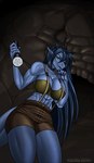 abs animated anthro athletic athletic_anthro bangs big_breasts black_nails blue_body blue_hair blue_scales blue_skin bottomwear breasts brown_clothing cave clothed clothing collar colored_nails crop_top dark_hair detailed_background digital_media_(artwork) dragon eliana-asato ena_(eliana) fangs female first_person_view flashlight green_eyes hair horn huge_breasts long_hair looking_at_viewer looking_from_above muscular muscular_anthro mythological_creature mythological_scalie mythology nails open_mouth open_smile scales scalie shadow shirt short_playtime shorts smile solo suspenders tail teeth thoughtful topwear touching_face