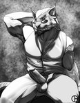 anthro armpit_hair beard body_hair clothing eyewear facial_hair glasses hair male solo topwear vest dbruin final_fantasy final_fantasy_xiv square_enix felid hrothgar mammal hi_res monochrome