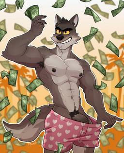 abs anthro areola armpit_hair banknote biceps biped body_hair boxers_(clothing) boxers_only bulge clothed clothing eyebrows falling_money front_view genitals grin happy_trail heart_boxers heart_clothing heart_symbol heart_underwear humanoid_genitalia humanoid_penis male money muscular muscular_anthro muscular_male obliques pecs penis pubes raised_eyebrow shirtless_anthro shirtless_male smile solo standing thick_eyebrows topless tuft underwear underwear_only v-cut yellow_eyes yows_(artist) dreamworks the_bad_guys mr._wolf_(the_bad_guys) canid canine canis mammal wolf absurd_res hi_res