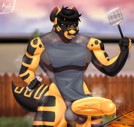 alcohol anthro apron balls beer beverage big_balls big_chest big_penis big_tail bodily_fluids clothing dripping exhibitionism genital_fluids genitals grill hair holding_beer leaking_precum licking licking_lips light male muscular muscular_anthro muscular_male musk musky_balls musky_penis nipples outside penis precum precum_drip short_hair solo spatula sunset tail text tongue tongue_out tools vein veiny_penis yellow_eyes yellow_nose yellow_penis yellow_tongue xikitsune hyena mammal artist_name colored digital_drawing_(artwork) digital_media_(artwork) hi_res lighting shaded