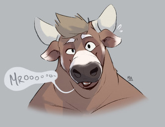 2_horns anthro brown_body brown_hair grey_background hair horn looking_at_viewer male onomatopoeia open_mouth simple_background solo sound_effects speech_bubble text white_body minedoo minedoo_(character) bovid bovine cattle mammal 2021 hi_res