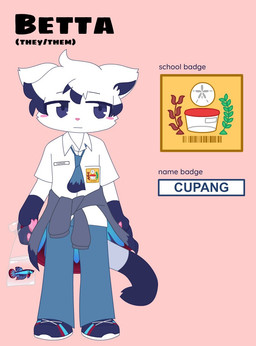 ambiguous_gender anthro badge biped black_body black_eyes black_fur black_hair black_tail blue_clothing blue_eyes blush bottomwear clothed clothing clothing_around_waist footwear fur grey_clothing hair multicolored_body multicolored_fur multicolored_hair pink_nose pronouns red_clothing school_badge solo tail text topwear two_tone_body two_tone_fur two_tone_hair two_tone_tail white_body white_clothing white_fur white_hair white_tail young yonkagor betta_(yonkagor) aquatic betta_(genus) domestic_cat felid feline felis fish gourami mammal siamese_fighting_fish 2024 character_name digital_media_(artwork) english_text
