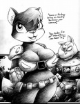 anthro armor big_breasts body_armor breasts duo female male simple_background text drake_fenwick battle_beasts_(copyright) hasbro rocky_rhino_(character) sly_fox_(character) canid canine fox mammal rhinoceros english_text monochrome