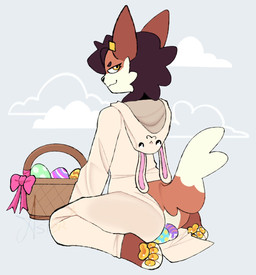 anthro balls basket bodypaint clothing container egg eye_contact femboy genitals holidays looking_at_another male painted_balls pajamas pawpads rear_view smug_face solo starlit_aster easter easter_bunny canid canine fox mammal hi_res