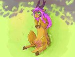 anatomically_correct anatomically_correct_genitalia anatomically_correct_vulva animal_genitalia anus blush cervine_genitalia cervine_pussy female feral genitals grass green_eyes hair hooves horn long_hair lying neckwear on_back pink_hair plant solo spots teats vulva arcticos flayra_(arcticos) cervine deer mammal hi_res