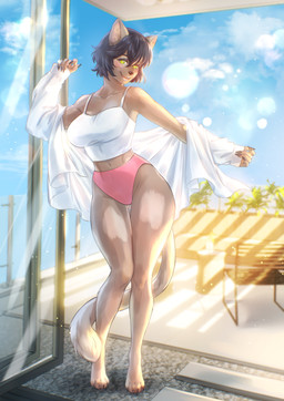 anthro big_breasts blush breasts clothed clothing curvy_figure female front_view morning navel nightshirt panties pantsless pantsless_female pink_clothing pink_panties pink_underwear shirt solo standing tank_top topwear underwear vitiligo yuichi-tyan domestic_cat felid feline felis mammal hi_res
