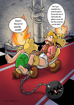 ball_and_chain ball_gag beak blonde_hair blue_eyes bodily_fluids boots carpet carrying_another castle chain chain_leash checkered checkered_floor clothing crown dialogue diaper dog_like_creature ear_piercing ear_ring fangs feet female fire footwear gag group hair headgear leash nervous nervous_sweat piercing pillar restraints ring_piercing shell shoes speech_bubble spikes stone_wall straitjacket straps_across_chest sweat teeth text tongue toothed_beak turtle_shell wall_(structure) yellow_body yellow_skin elven-dreamer mario_bros nintendo princess_peach chain_chomp human koopa koopa_troopa mammal scalie english_text hi_res