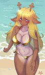 anime_style anthro antlers beach bikini blonde_hair blue_eyes blush breasts clothed clothing countershade_torso countershading ear_blush eyebrow_through_hair eyebrows female freckles fur gold_bikini hair horn inner_ear_fluff looking_at_viewer navel outside red_nose sand sea seaside simple_background sitting smile solo swimwear translucent translucent_hair tuft two-piece_swimsuit water conditional_dnp nikoyishi v-olk deltarune golden_week undertale_(series) noelle_holiday deer mammal new_world_deer reindeer 2023 artist_collaboration digital_media_(artwork) hi_res shaded