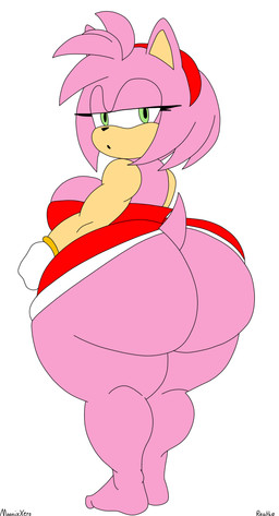 accessory anthro big_butt black_mouth black_nose bracelet butt clothing dress eyelashes female gloves gold_(metal) gold_bracelet gold_jewelry green_eyes hair hair_accessory hairband handwear jewelry looking_at_viewer looking_back looking_back_at_viewer multicolored_body open_mouth pink_body pink_ears pink_hair pink_tail rear_view red_clothing red_dress red_hairband scut_tail short_tail simple_background solo tail tan_body tan_inner_ear text thick_thighs two_tone_body white_background white_clothing white_gloves white_handwear moonix_xero reathe third-party_edit sega sonic_the_hedgehog_(series) amy_rose eulipotyphlan hedgehog mammal 2026 absurd_res artist_name color_edit colored digital_media_(artwork) flat_colors hi_res