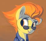 blep brown_background clothed clothing eyebrows eyelashes eyewear female feral hair looking_away multicolored_hair orange_eyes orange_hair shirt short_hair simple_background smile solo sunglasses tongue tongue_out topwear two_tone_hair dimfann friendship_is_magic hasbro my_little_pony spitfire_(mlp) wonderbolts_(mlp) equid mammal 2018 bust_portrait hi_res portrait