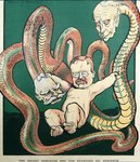 baby barefoot caption caricature clenched_teeth cursed_image eyewear eyewear_only facial_hair feet glasses glasses_only grabbing green_background green_stripes group hair human_faced_feral humanoid_face male mustache nightmare_fuel nude political_cartoon politics red_body red_eyes round_glasses scales simple_background stripes teeth trio wearing_glasses white_hair young frank_nankivell european_mythology greek_mythology mythology public_domain puck_(magazine) john_rockefeller nelson_aldrich theodore_roosevelt human humanoid mammal reptile scalie snake 1906 20th_century ancient_art
