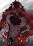 breasts ear_piercing male muscular nipple_piercing nipples piercing red_body red_eyes scar warrior unknown_artist mythology lee_(zark) canid canine canis mammal mythological_canine mythological_creature werecanid werecanine werecreature werewolf wolf absurd_res censored hi_res mosaic_censorship