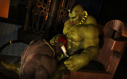 abs balls biceps big_muscles black_hair bodily_fluids brown_body brown_fur chair collar duo ear_piercing erection facial_piercing feet fellatio fur furniture genitals green_body green_skin hair hairy head_in_crotch horn humanoid_feet humanoid_pointy_ears interspecies jewelry kneeling male male/male male_penetrated male_penetrating male_penetrating_male muscular muscular_male necklace nipples nose_piercing nose_ring nude oral oral_penetration pecs penetration penile penis piercing plantigrade pointy_ears red_hair ring_piercing saliva septum_piercing sex sitting spiked_collar spikes sucked_silly sucking tattoo throne tusks darkviperbara kaiger bovid bovine cattle humanoid mammal orc 3d_(artwork) digital_media_(artwork)