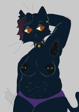 anthro areola arm_tattoo armpit_hair barbell_piercing bell bell_collar belly belly_nipples blue_body blue_fur blue_nipples blue_tail body_hair bottomwear breasts cheek_tuft chest_tuft clothed clothing collar ear_piercing ear_scar eyelashes eyeliner facial_tuft female fluffy front_view fur grey_background long_eyelashes makeup navel nipple_piercing nipples overweight panties partially_clothed piercing purple_bottomwear purple_clothing purple_panties purple_underwear scar simple_background slightly_chubby slightly_chubby_anthro slightly_chubby_female solo spiked_collar spikes tail tattoo tear_trough tuft underwear whiskers mrs_owo night_in_the_woods mae_borowski domestic_cat felid feline felis mammal absurd_res hi_res