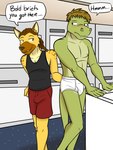 anthro bottomwear briefs brown_eyes brown_hair brown_spots butt butt_grab clothing dialogue duo eye_contact fur green_body green_scales hair hand_on_butt interspecies laundromat long_hair looking_at_another looking_back male male/male ponytail scales shirt shorts size_difference small_dom_big_sub smile smirk speech_bubble spots tank_top teasing text tighty_whities topwear underwear white_briefs white_clothing white_underwear yellow_body yellow_fur fuze fuzeyeen gabriel_(fuze) alligator alligatorid crocodilian hyena mammal reptile scalie 3:4 english_text hi_res