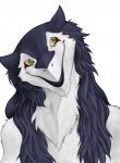 absurd_res black_body black_fur chest_tuft clothed clothing eye_markings female fur green_eyes hi_res mammal markings multicolored_eyes rain_silves sergal simple_background smile solo tamasan topless tuft white_background white_body white_fur yellow_eyes