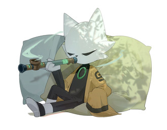 anthro clothing eyes_closed fur holding_pipe jacket male simple_background sitting smoke smoking_pipe solo topwear white_background white_body white_fur yellow_clothing yellow_jacket_(clothing) yellow_topwear poch1 nine_sols red_candle_games yi_(nine_sols) domestic_cat felid feline felis mammal solarian 2024 chinese_description