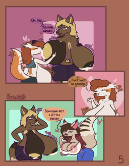 anthro big_breasts big_butt bodily_fluids breast_expansion breastfeeding breasts bulging_breasts butt cleavage cleavage_overflow clothed clothing dialogue expansion female fluffy fluffy_tail holding_breast huge_breasts lactating lactating_through_clothing nipple_slip nipples tail text wardrobe_malfunction wet wet_clothing nokamiwd nintendo pokemon bam_(khainethewolf) jazz_(khainethewolf) kaya_(khainethewolf) african_wild_dog canid canine domestic_cat felid feline felis generation_3_pokemon linoone mammal pokemon_(species) shiny_pokemon absurd_res comic english_text hi_res