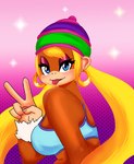 anthro blonde_hair blue_eyes breasts ear_piercing ear_ring fur gesture hair hand_gesture orange_body orange_fur piercing ring_piercing side_boob side_view solo twintails_(hairstyle) v_sign adriasart donkey_kong_(series) nintendo tiny_kong ape chimpanzee haplorhine mammal pan_(genus) primate absurd_res hi_res