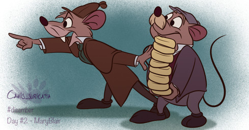 anthro ascot bottomwear buckteeth clothed clothing coat detective_hat duo facial_hair footwear fur gesture hand_gesture hat headgear headwear holding_object male mouse_tail mouth_closed mustache open_mouth pointing raised_tail smile tail teeth text topwear whiskers wide_eyed atimon disney the_great_mouse_detective basil_(disney) david_dawson mammal mouse murid murine rodent 2023 signature