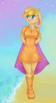 anthro beach biped blonde_hair blue_eyes boots clothing dress female footwear hair orange_boots orange_clothing orange_dress orange_footwear seaside shoes solo standing tan_body water zipper_clothing zipper_dress heimantahei activision spyro_the_dragon bianca_(spyro) lagomorph leporid mammal rabbit 2013